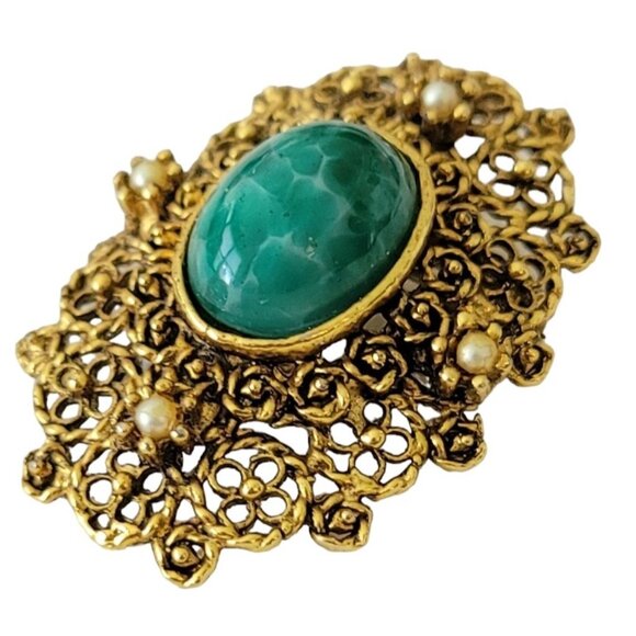 Gold Tone Vintage Oval Filigree Green Mottled Cab Faux Pearl Brooch E851 - Picture 3 of 9